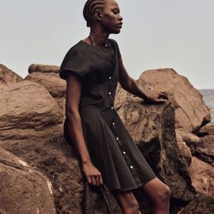 H&M Black Button-Front Short Sleeve Cotton Dress | Medium *